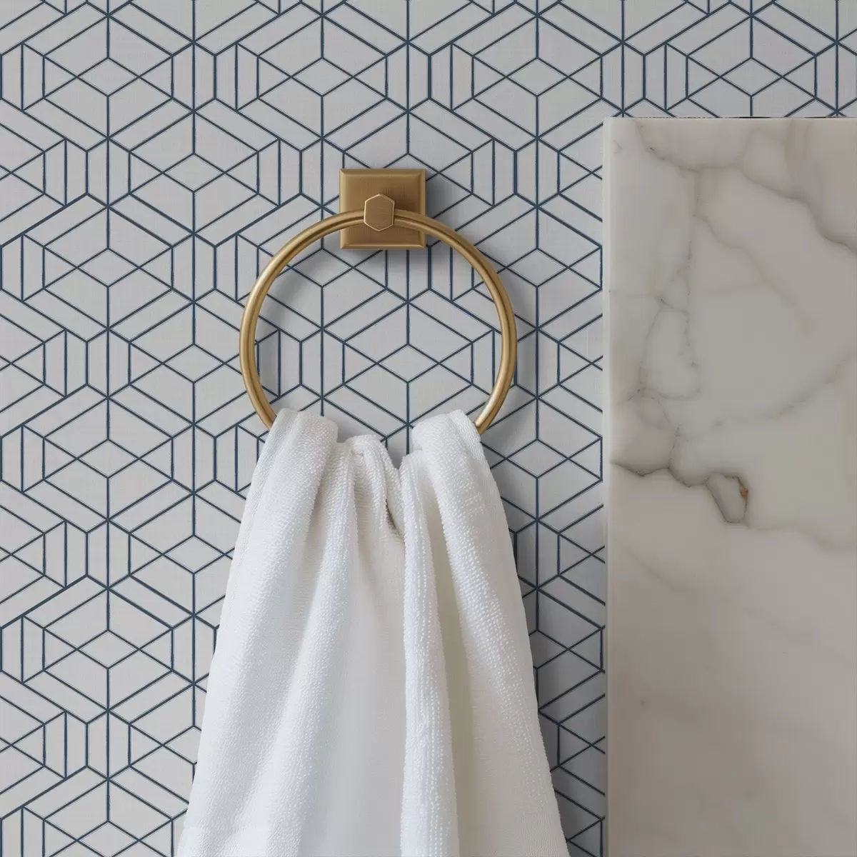 Tapetes Balts fons ar ziliem trīsdimensiju ģeometriskiem kubiem a01067