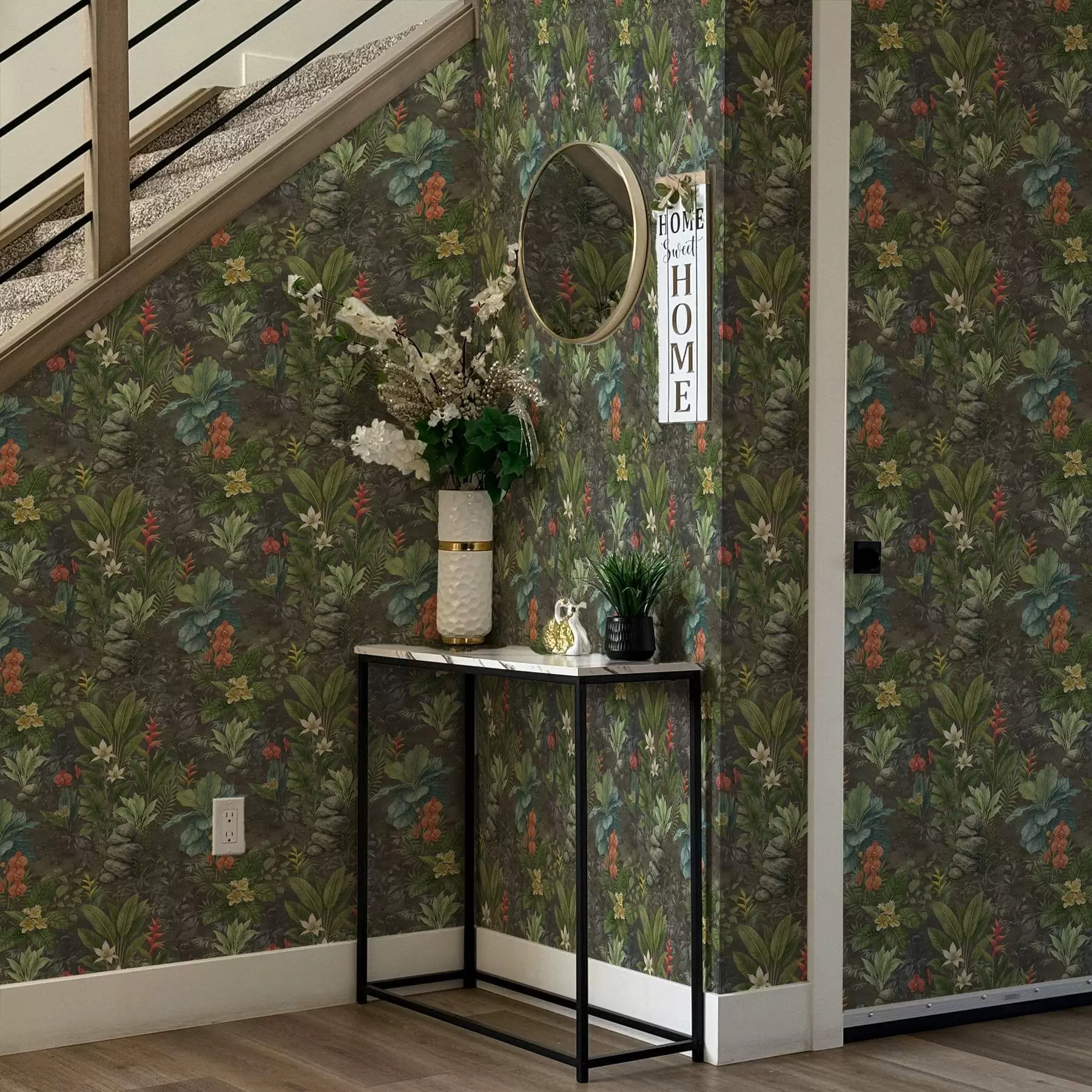 Fototapetes Tumšs tropu dārzs ar košām puķēm un lapām a01079