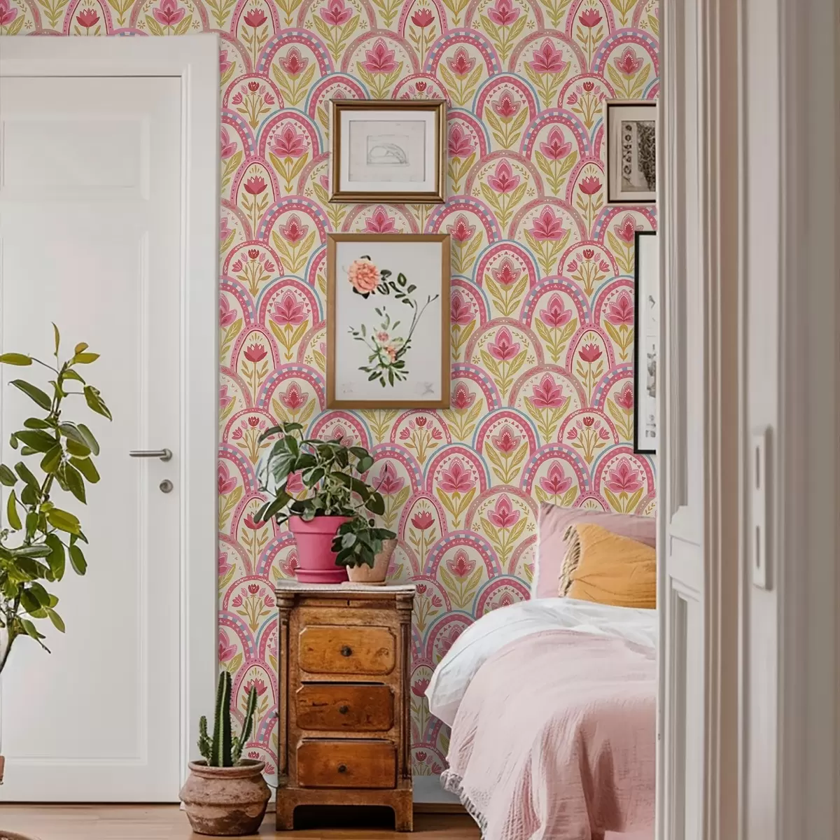 Tapetes Arkas ar rozā ziediem tautas stila rakstā a01080