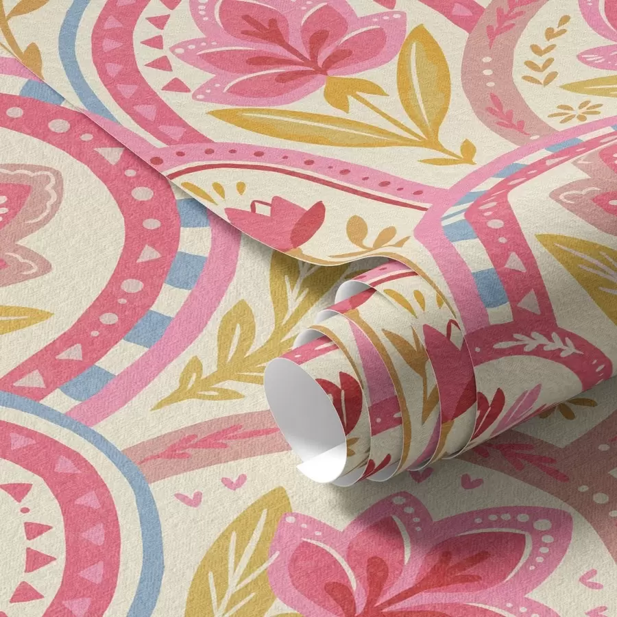 Fototapetes Arkas ar rozā ziediem tautas stila rakstā a01080