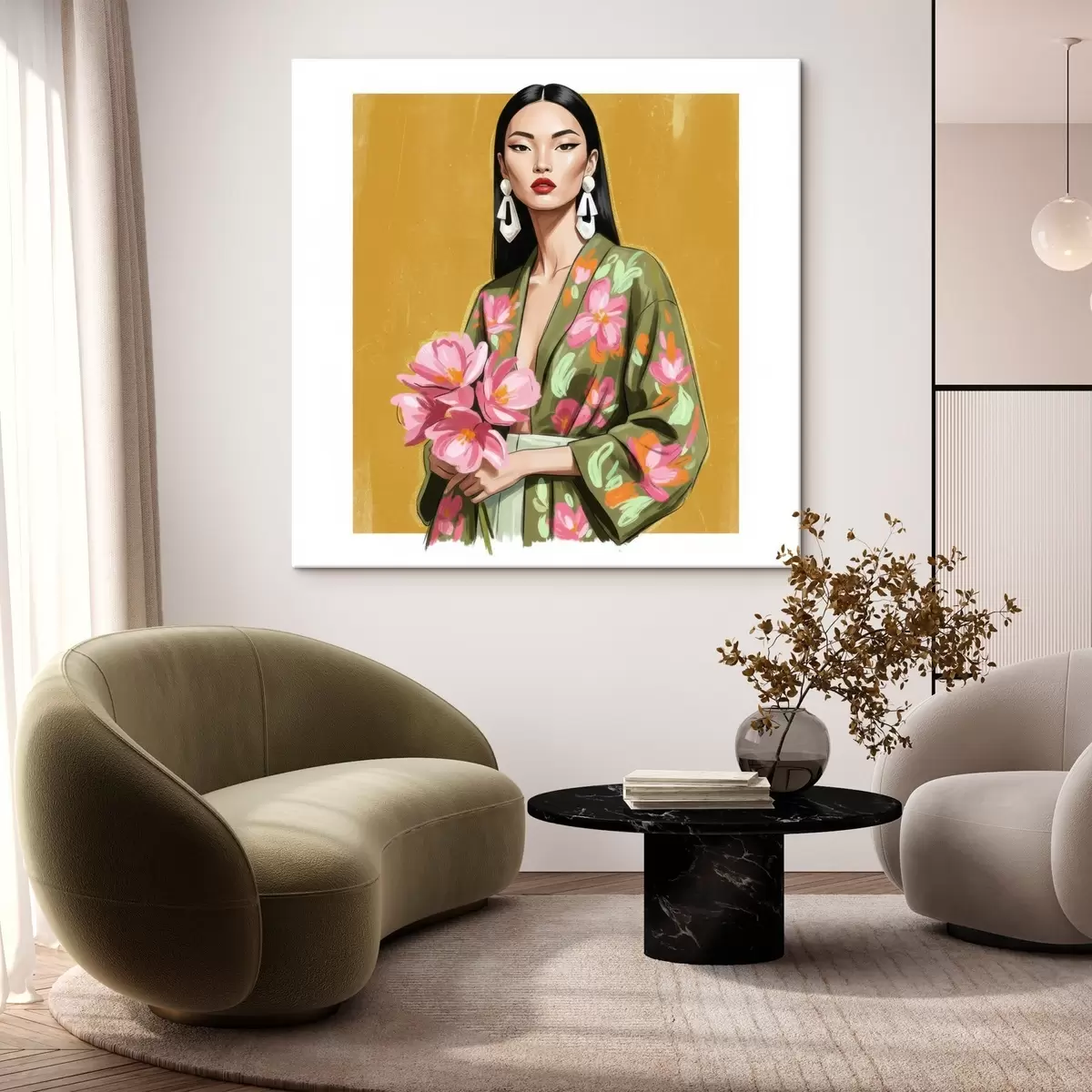 Glezna Meitene ar ziedu pušķi s46850