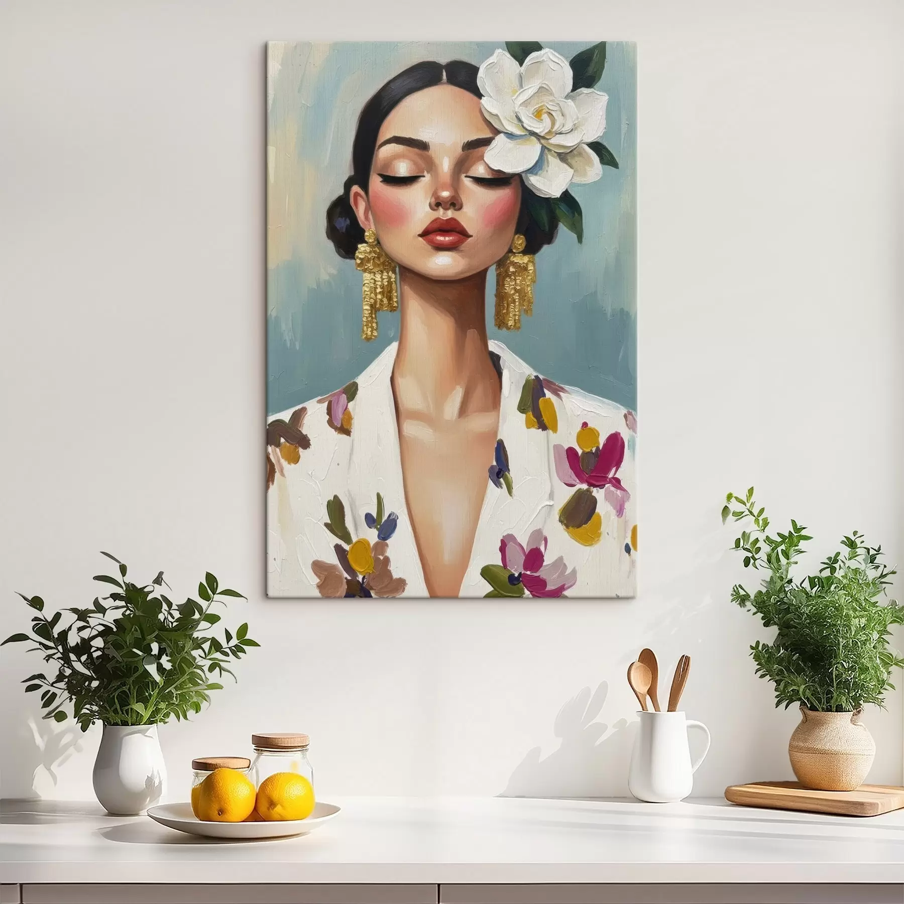 Glezna Meitene ar ziedu matos s46852