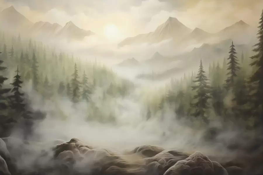 Fototapetes Mežs miglā uz kalnu fona w04730