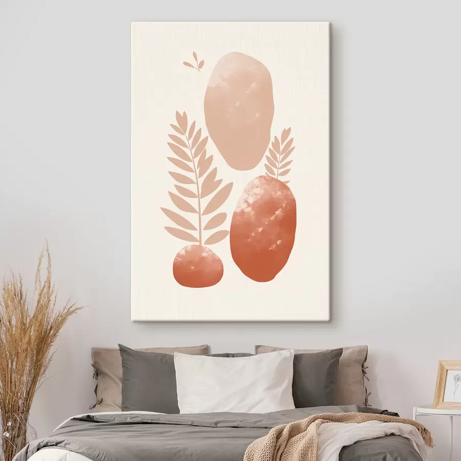Glezna Abstraktas formas, teksturēti akmeņi un lapas klusinātos persiku un terakotas toņos, minimālisma stilā, krēmkrāsas fonā. s47012