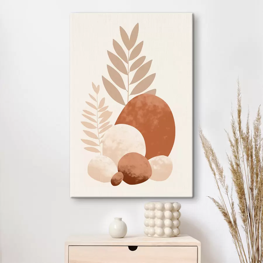 Glezna Abstraktas formas, teksturēti akmeņi un lapas klusinātos persiku un terakotas toņos, minimālisma stilā, krēmkrāsas fonā. s47013