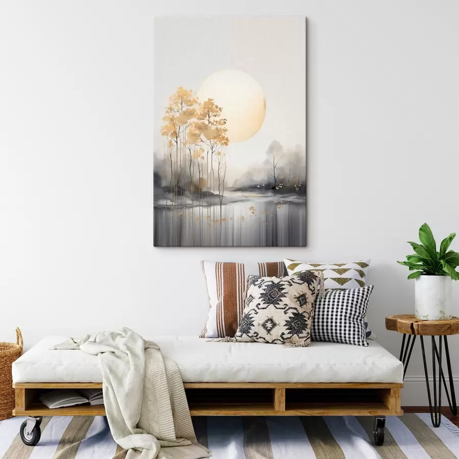 Glezna Dekoratīvs abstrakts ainavas attēls, augsti koki ar dzeltenām lapām, upe un migla fonā s47014