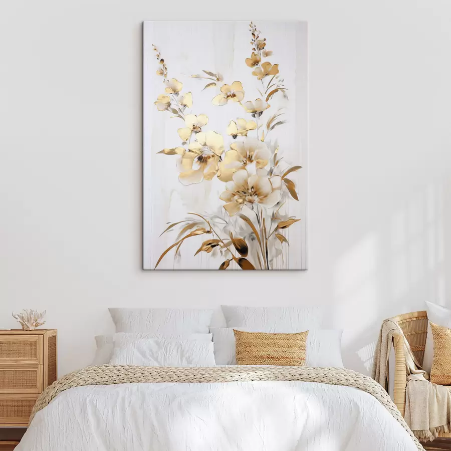 Glezna Teksturēti dzelteni ziedi un lapas uz balta fona, ar delikātiem otu triepieniem s47016