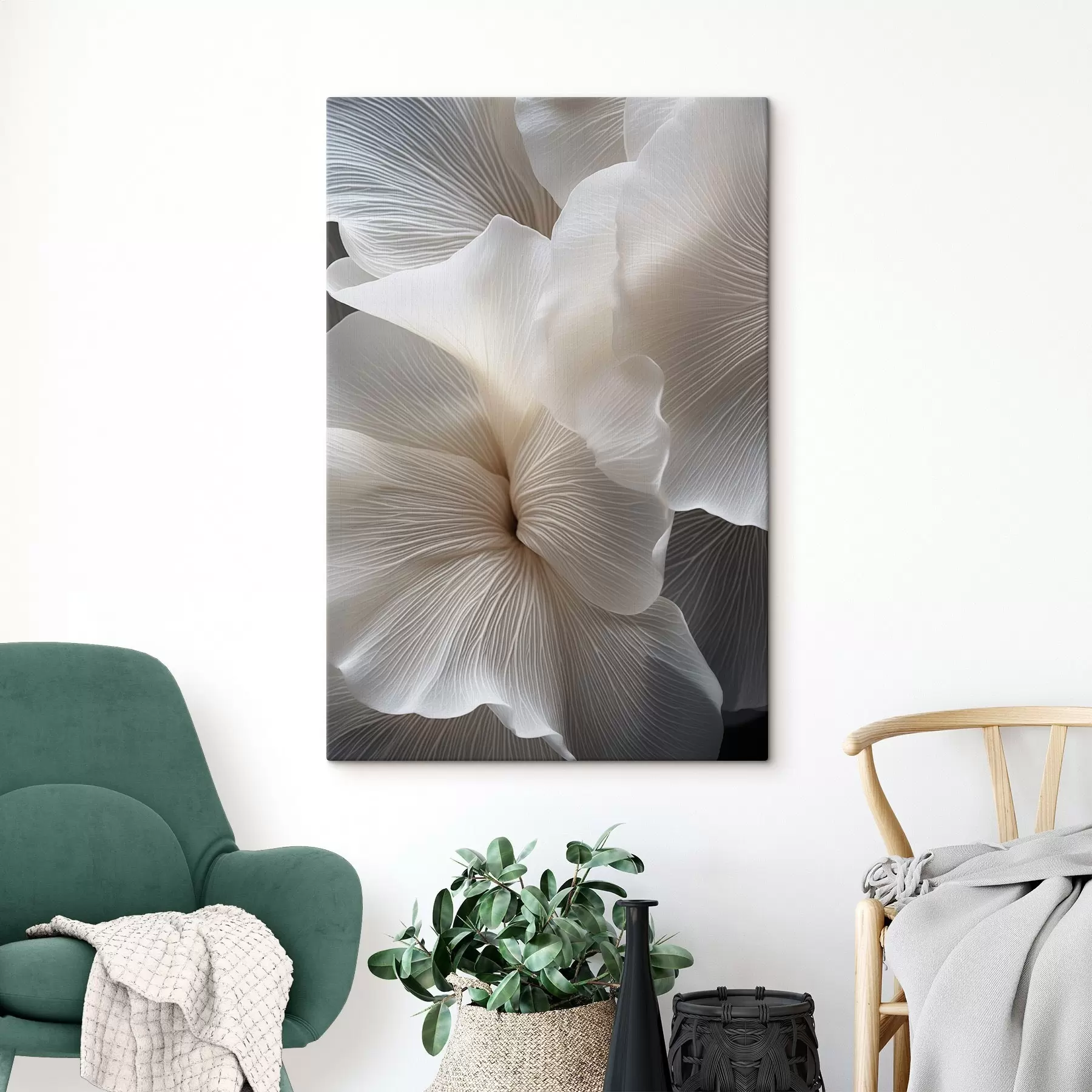 Glezna Tuva uzņēmuma delikātiem abstraktiem baltiem ziedlapiem ar sarežģītām līnijām un izplūdušu tumšu fonu s47019