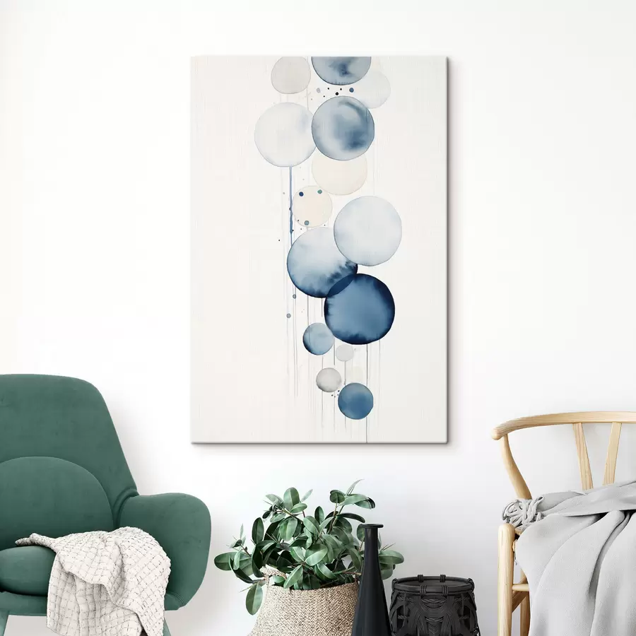 Glezna Abstrakts teksturēts zils un balts akvareļu apļi dažādos izmēros uz balta fona s47020