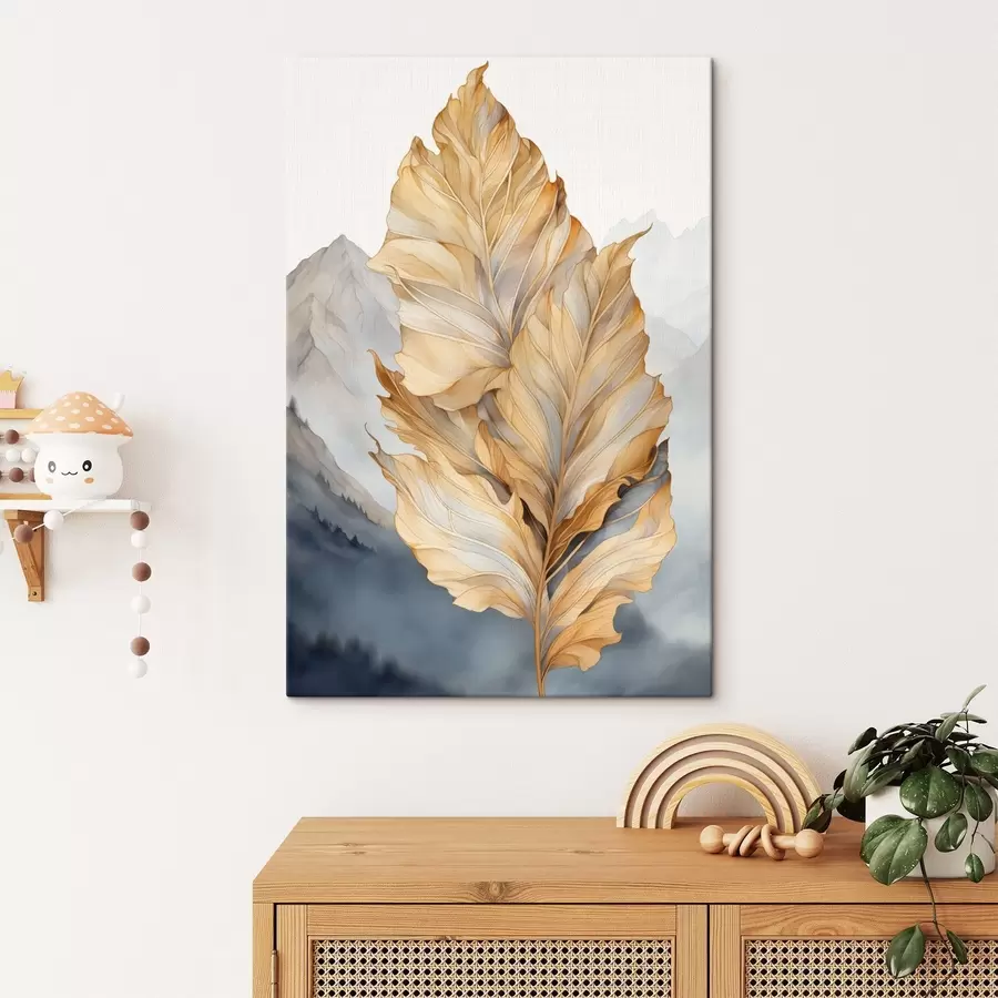 Glezna Abstraktas lielas, dzeltenas un brūnas lapas ar sarežģītām detaļām, uz kalnu fona s47022