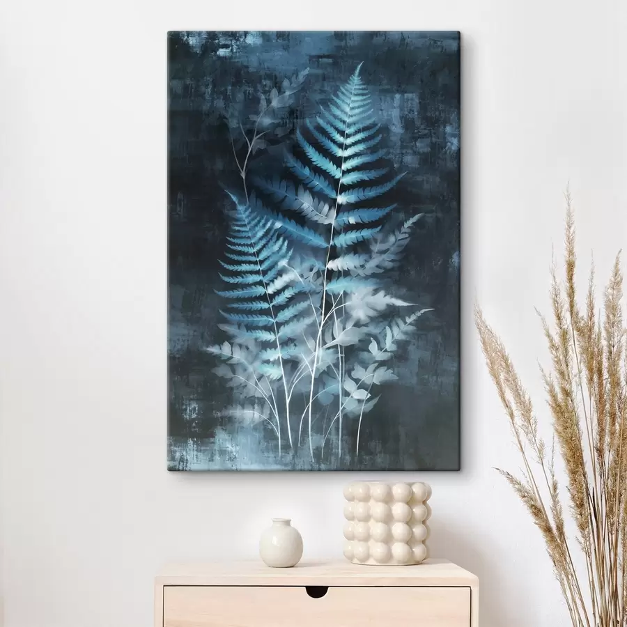 Glezna Zilas papardes un augi uz tumša, faktūru fona, ar uzsvaru uz sarežģītajām detaļām, rentgena efekts s47026