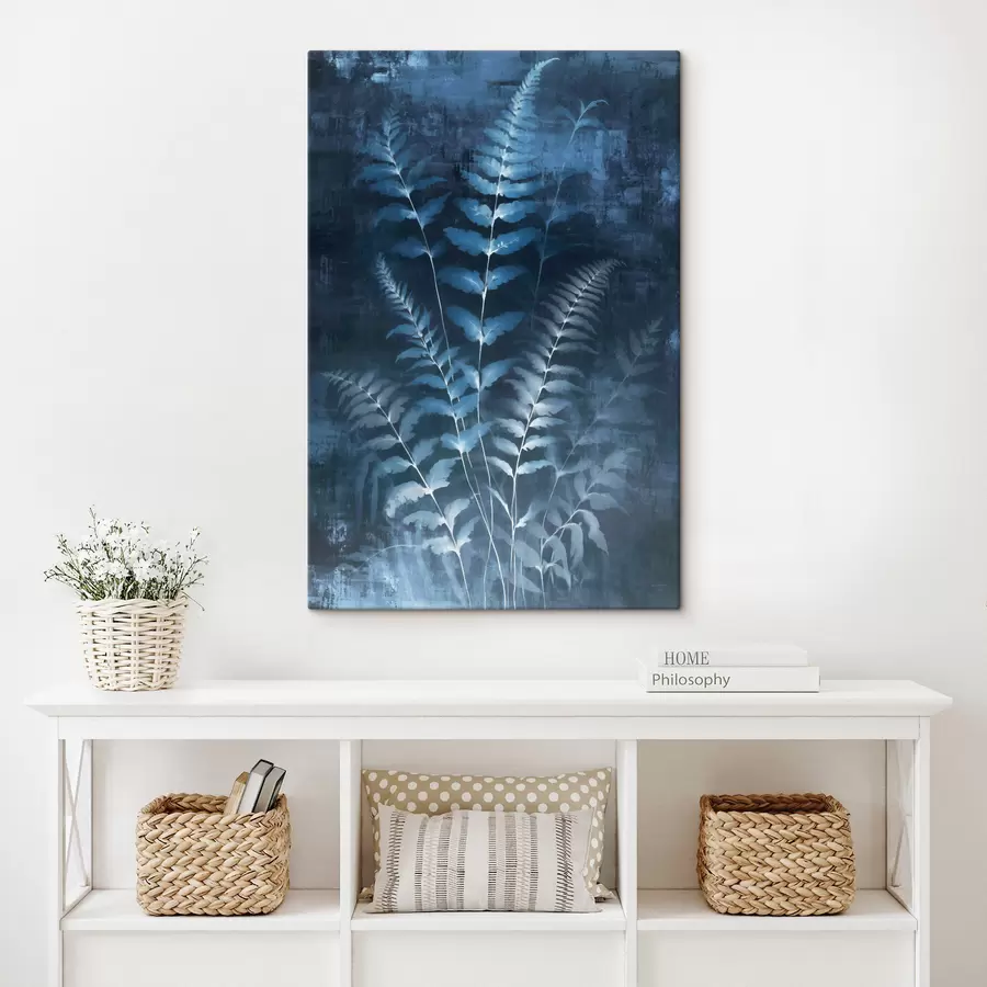 Glezna Zilas papardes un augi uz tumša, faktūru fona, ar uzsvaru uz sarežģītajām detaļām, rentgena efekts s47027