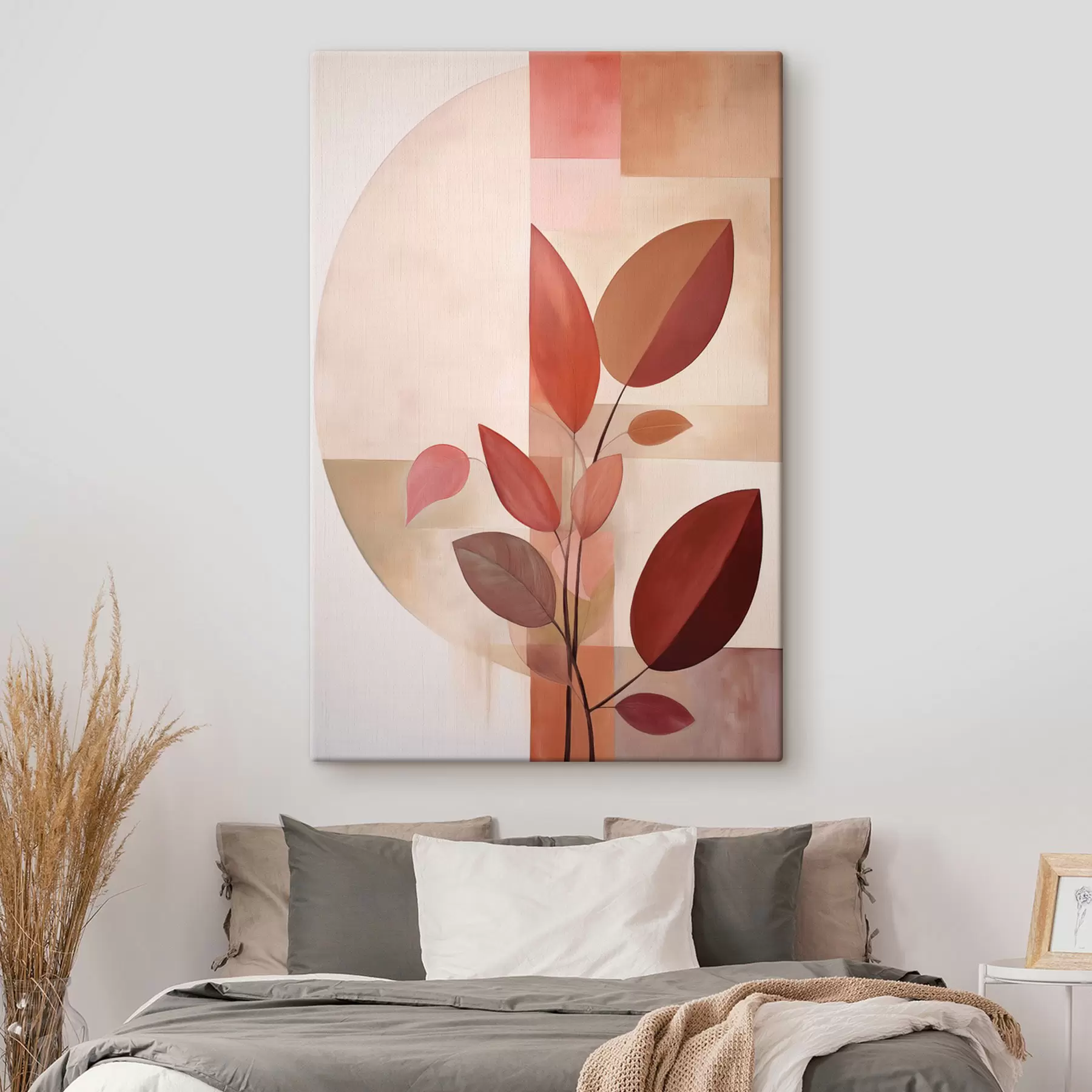 Glezna Abstrakta auga ar sarkanām lapām uz ģeometrisku figūru un maigu, klusu krāsu fona s47041