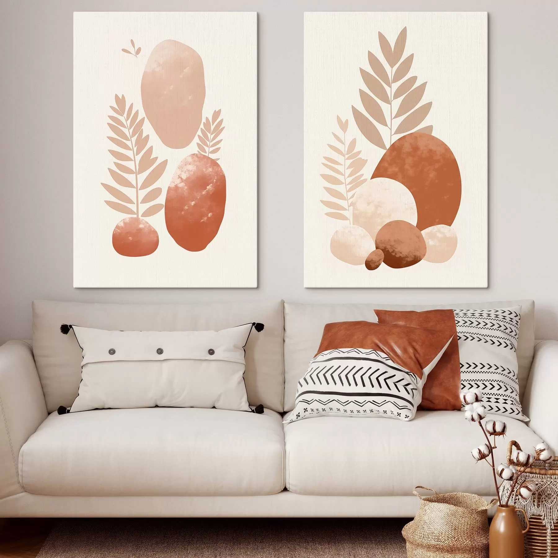 Glezna Abstraktas formas, teksturēti akmeņi un lapas klusinātos persiku un terakotas toņos, minimālisma stilā, krēmkrāsas fonā m01114