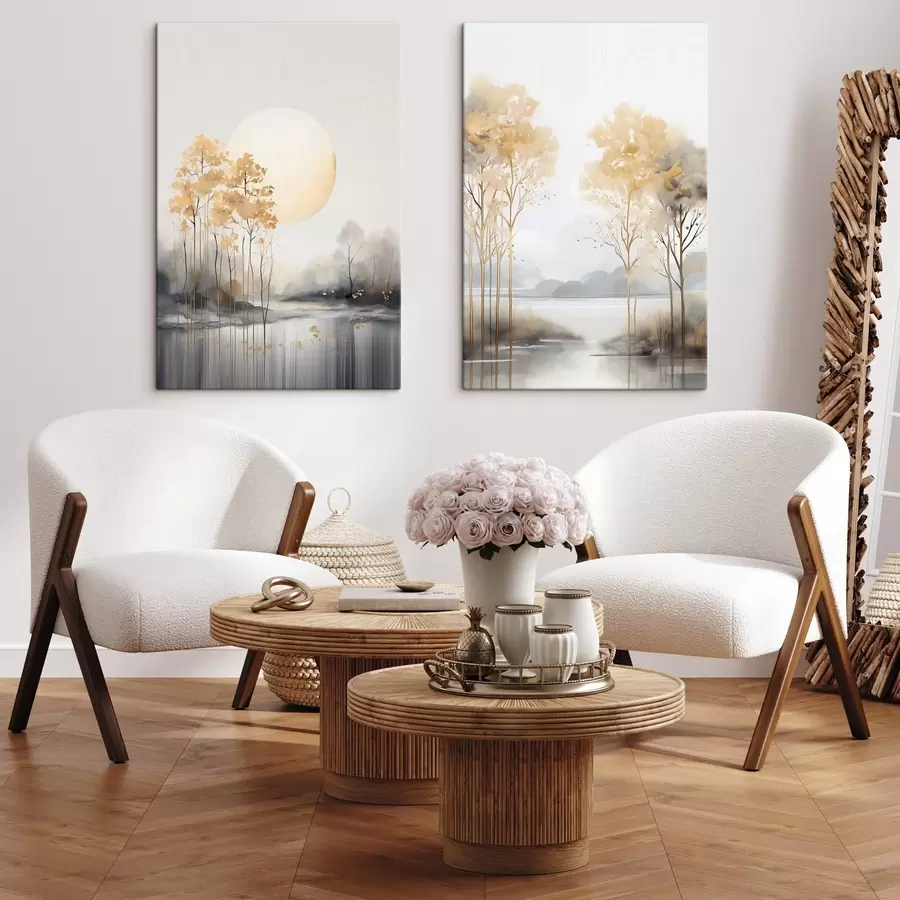 Glezna Dekoratīvs abstrakts ainavas attēls, augsti koki ar dzeltenām lapām, upe un migla fonā m01115