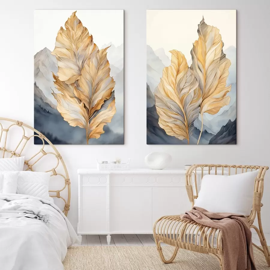 Glezna Abstraktas lielas, dzeltenas un brūnas lapas ar sarežģītām detaļām, uz kalnu fona m01119