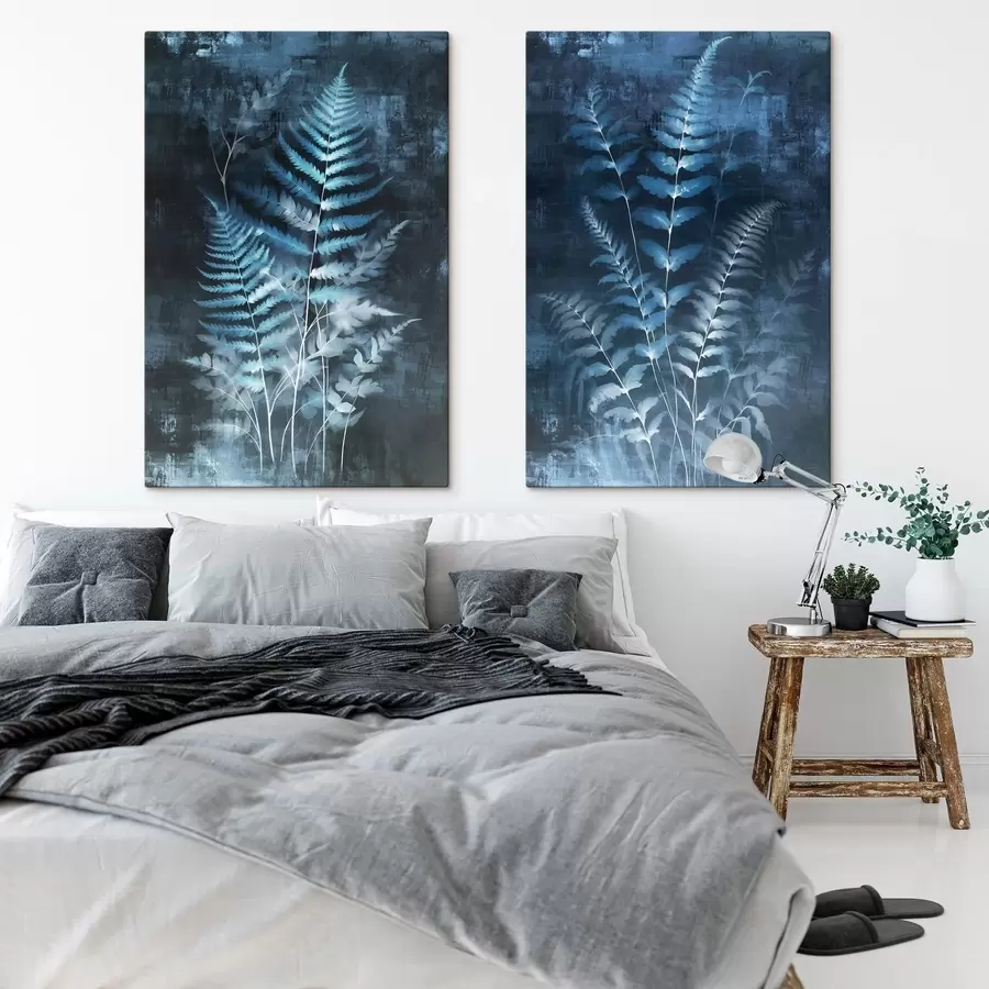 Glezna Zilas papardes un augi uz tumša, faktūru fona, ar uzsvaru uz sarežģītajām detaļām, rentgena efekts m01121