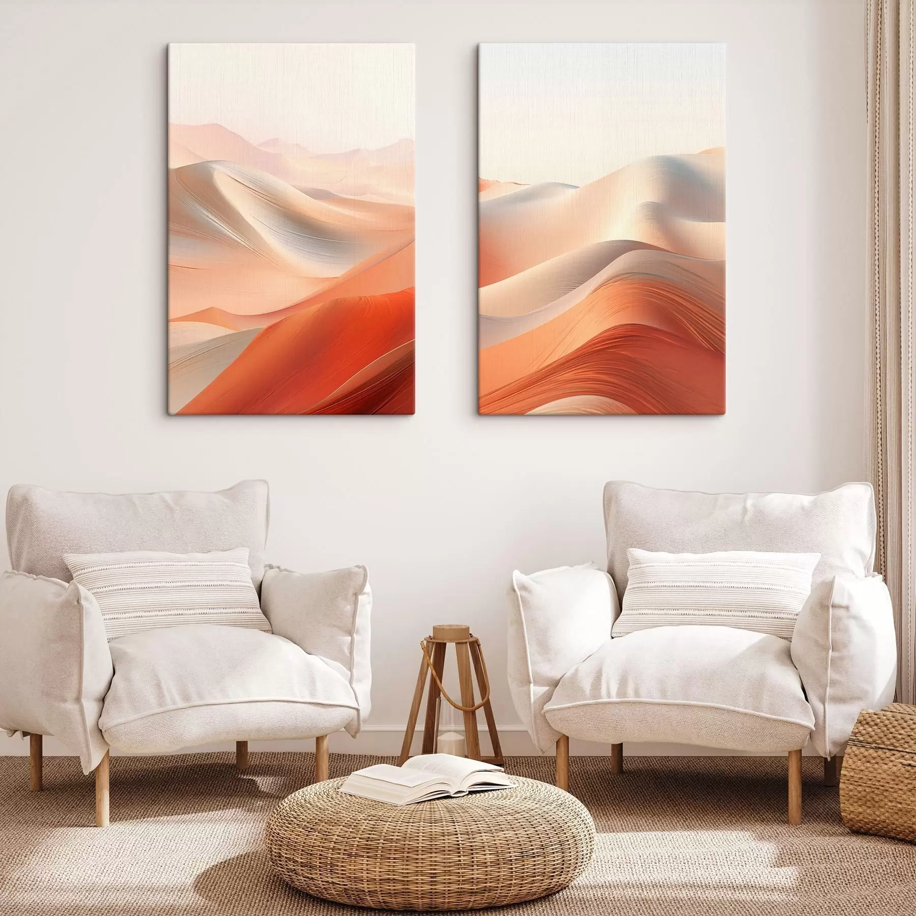 Glezna Abstrakts tuksneša ainava ar plūstošām smilšu kāpām siltos oranžos un baltos toņos m01123
