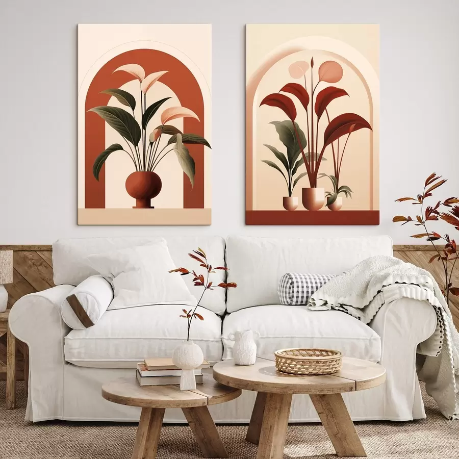 Glezna Abstrakti podos augi ar lielām zaļām un sarkanām lapām krēmkrāsas arkas priekšā m01124