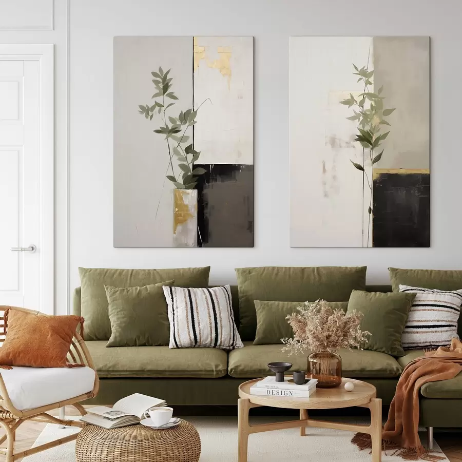 Glezna Minimālisma stilā veidota glezna, kurā attēlota vāze ar zaļām lapām uz abstraktu ģeometrisku figūru fona. m01126