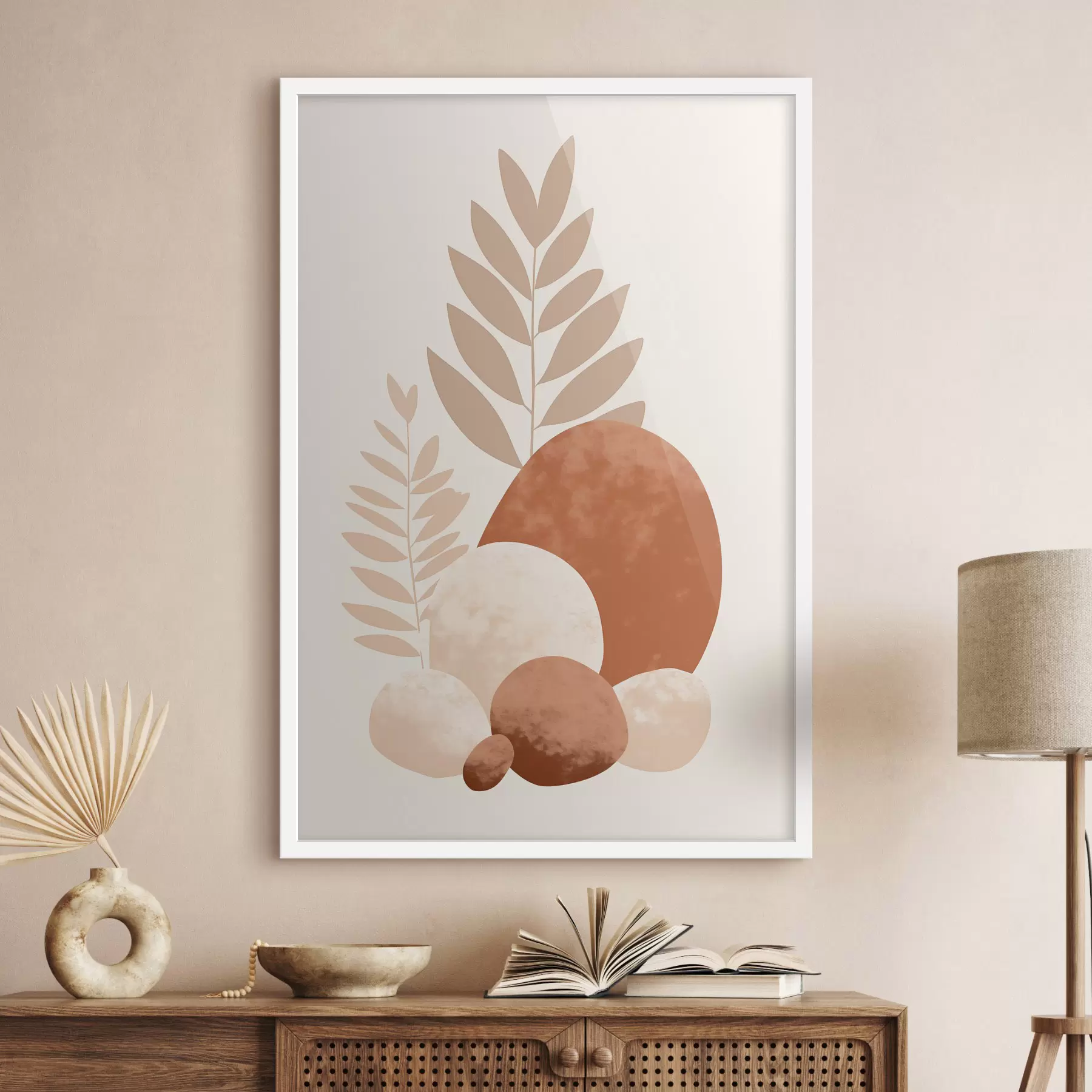 Fototapetes Abstraktas formas, teksturēti akmeņi un lapas klusinātos persiku un terakotas toņos, minimālisma stilā, krēmkrāsas fonā f47013