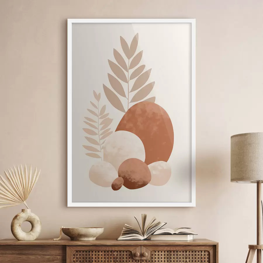 Fototapetes Abstraktas formas, teksturēti akmeņi un lapas klusinātos persiku un terakotas toņos, minimālisma stilā, krēmkrāsas fonā. f47013