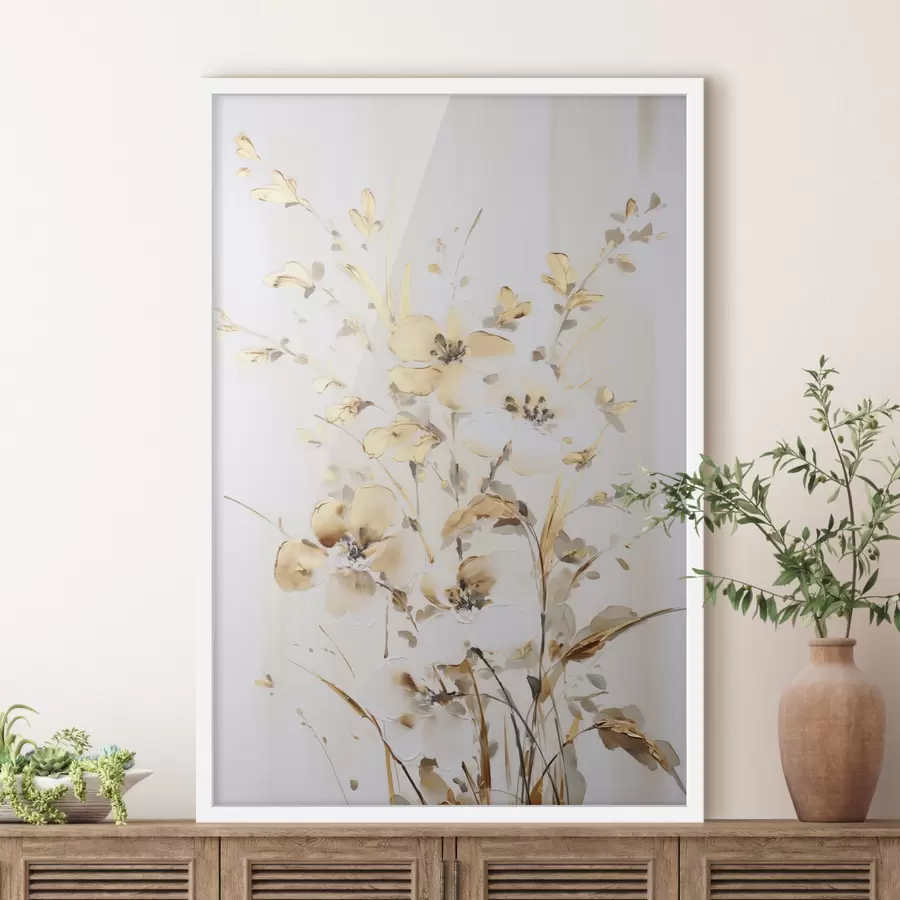 Fototapetes Teksturēti dzelteni ziedi un lapas uz balta fona, ar delikātiem otu triepieniem f47017