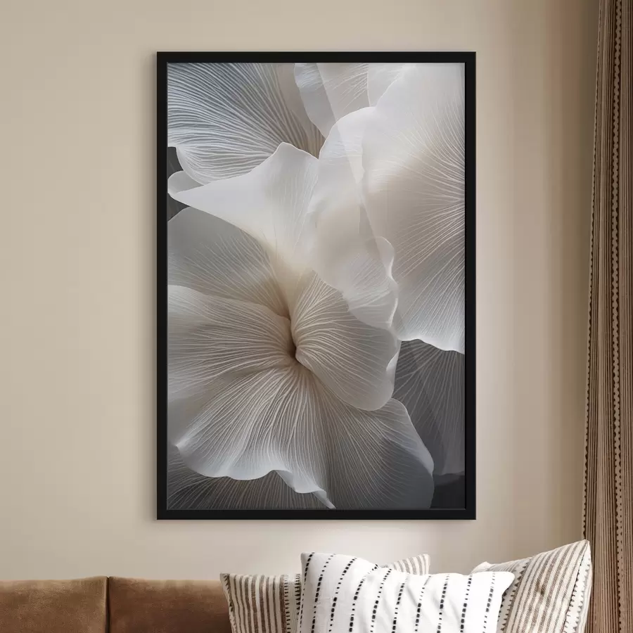 Fototapetes Tuva uzņēmuma delikātiem abstraktiem baltiem ziedlapiem ar sarežģītām līnijām un izplūdušu tumšu fonu f47019