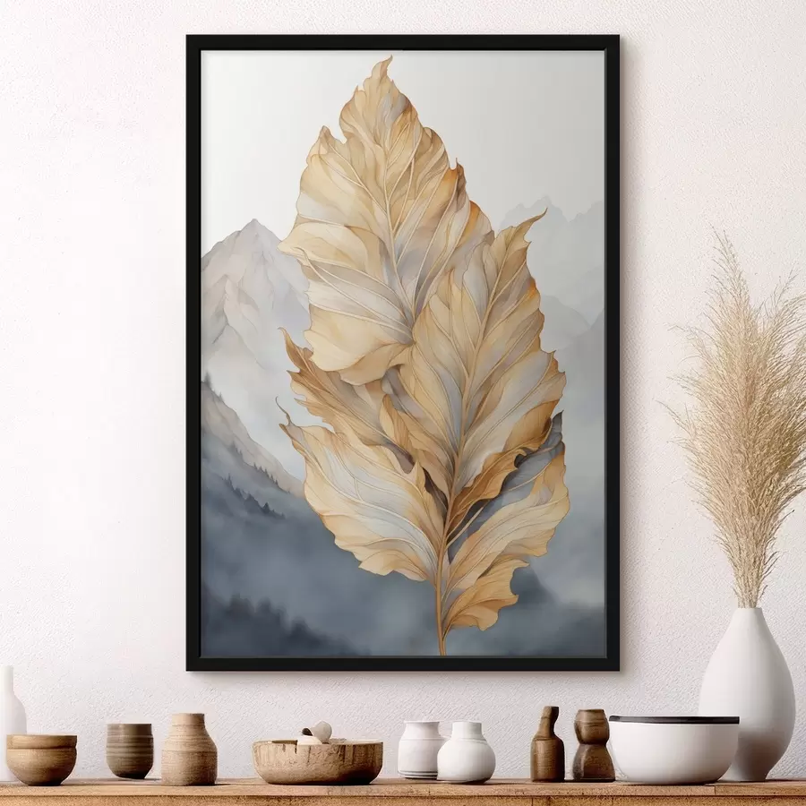 Fototapetes Abstraktas lielas, dzeltenas un brūnas lapas ar sarežģītām detaļām, uz kalnu fona f47022