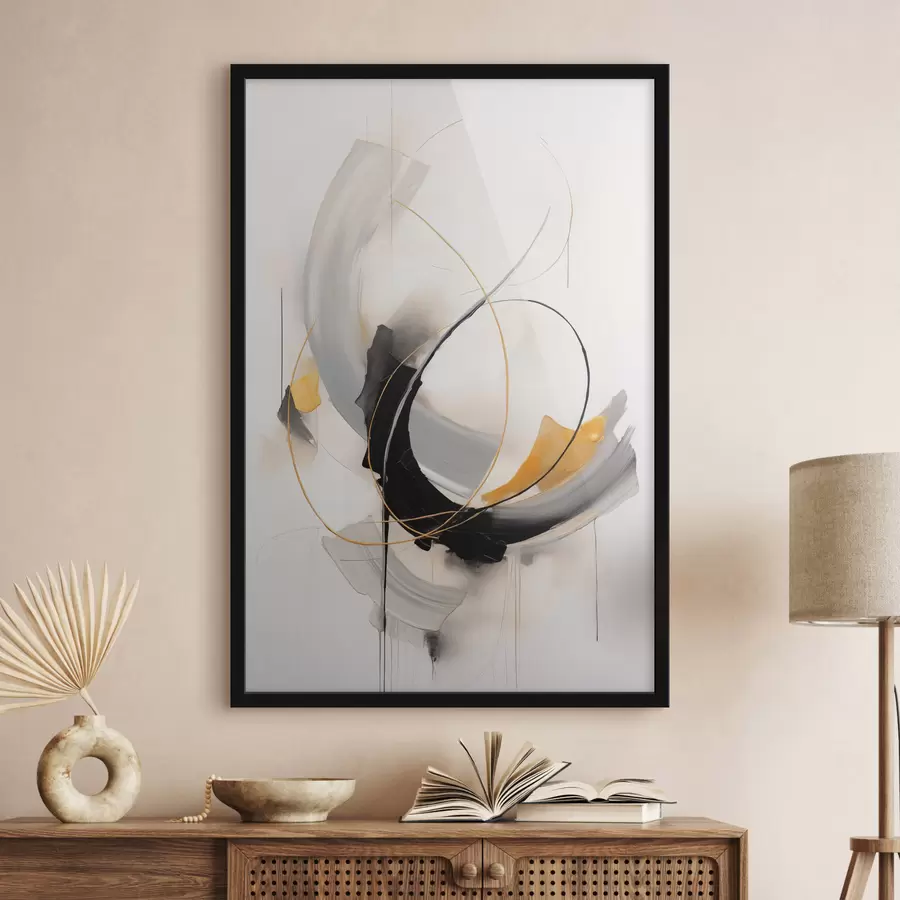 Fototapetes Abstrakta glezna ar dzelteniem, melniem un baltiem otu triepieniem, dinamiskām līnijām f47035