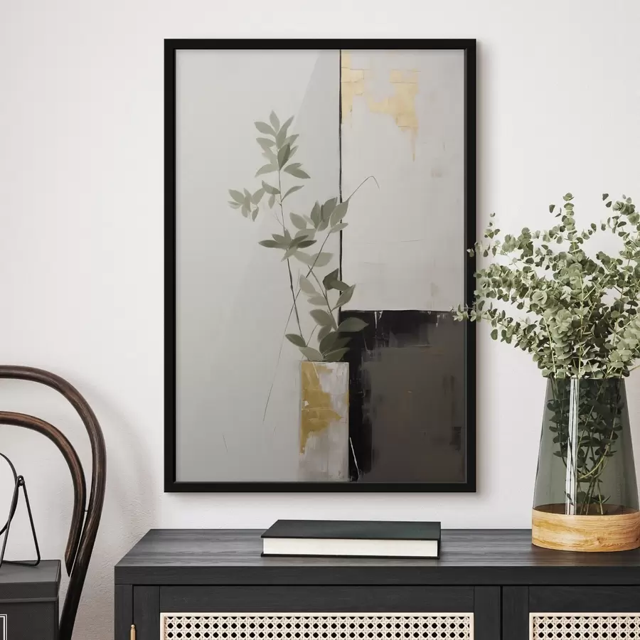 Fototapetes Minimālisma stilā veidota glezna, kurā attēlota vāze ar zaļām lapām uz abstraktu ģeometrisku figūru fona. f47036