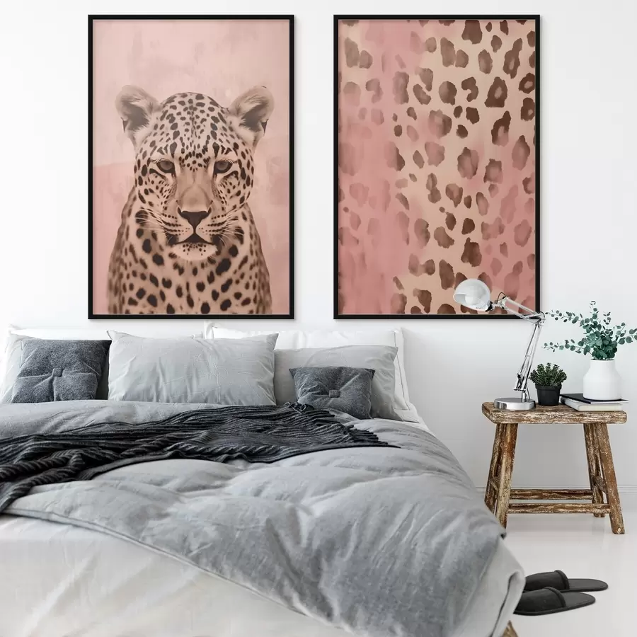 Fototapetes Geparda portrets, abstraktais raksts ar leoparda apdruku uz rozā fona d00402
