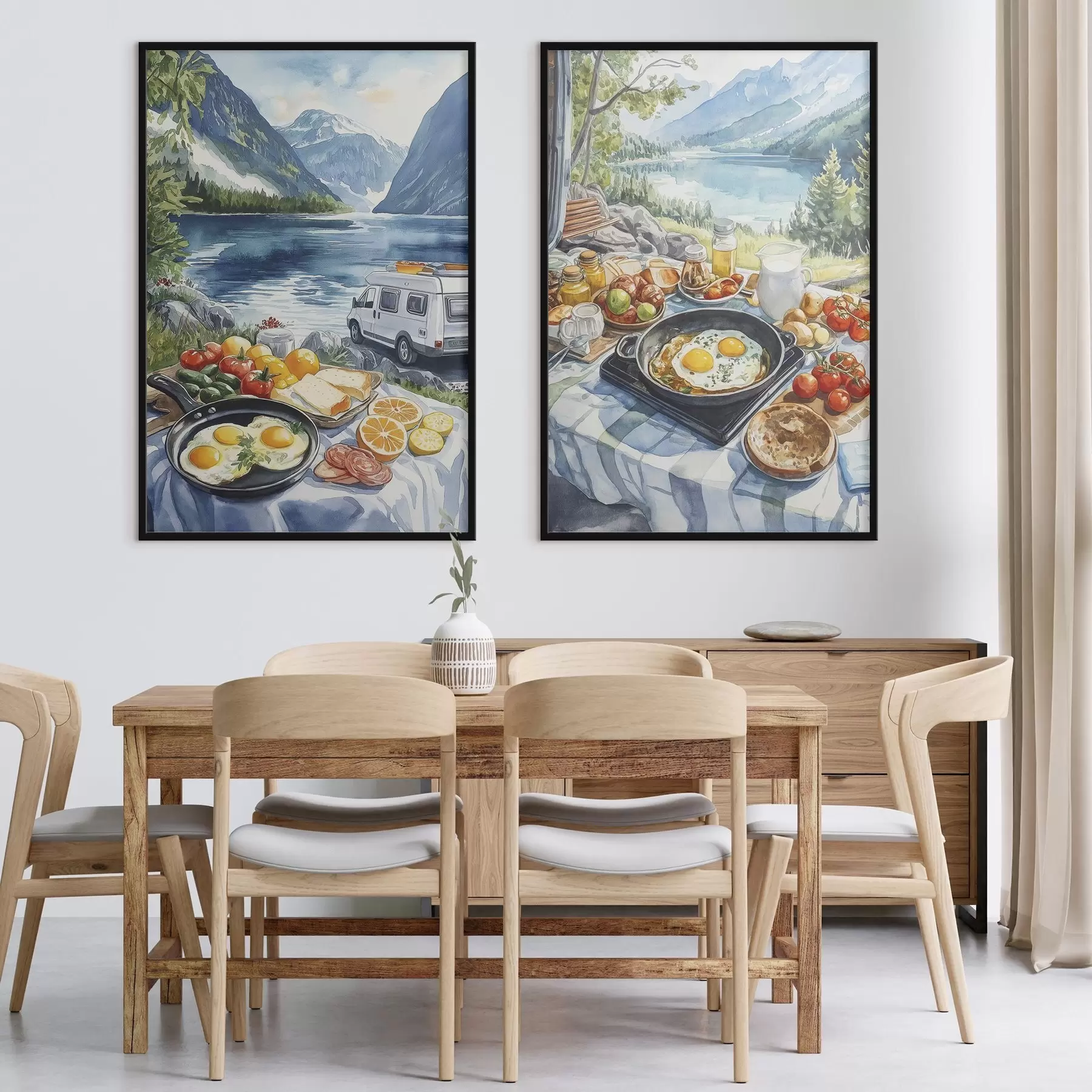 Fototapetes Brokastis dabā, ceļošana, āra dzīvesveids, akvareļu stils, Norvēģija d00404