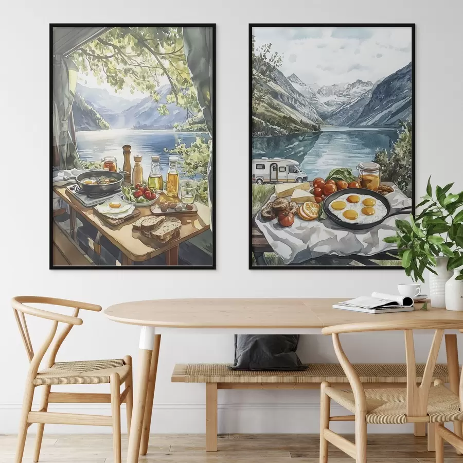 Fototapetes Kempings, estētiskas brokastis pie ezera, akvareļu stilā d00405