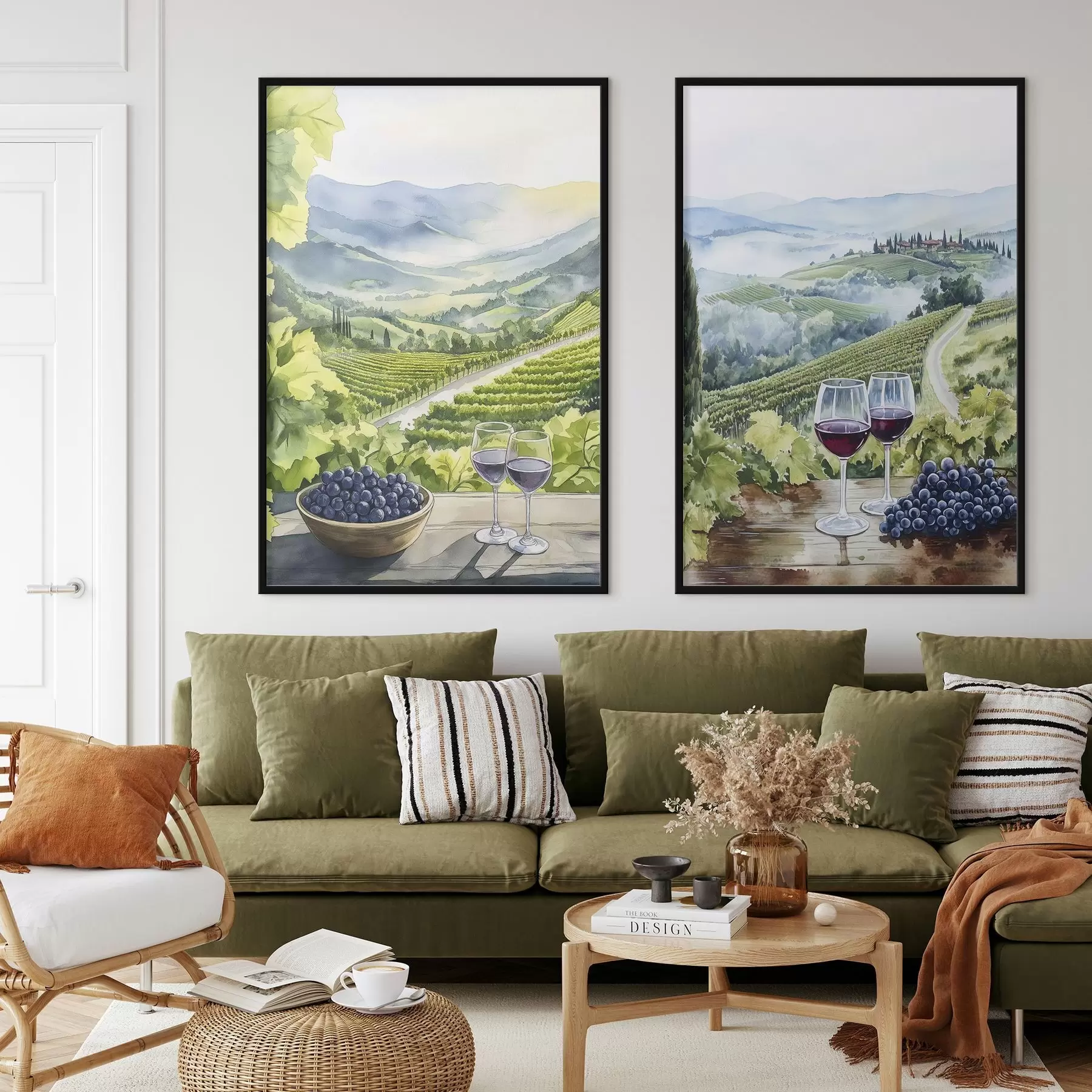 Fototapetes Skaistas Toskānas ainavas, vīnogu pagalmi, vīna glāzes, akvareļu stilā, Itālija d00408