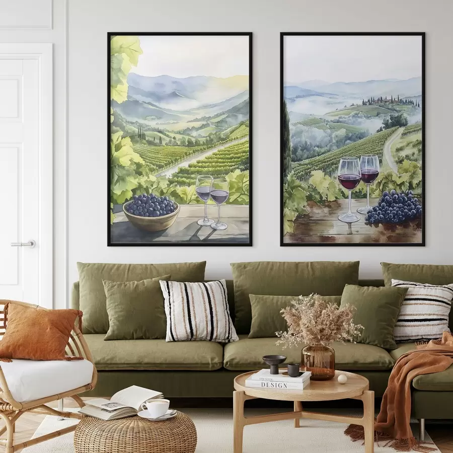 Fototapetes Skaistas Toskānas ainavas, vīnogu pagalmi, vīna glāzes, akvareļu stilā, Itālija d00408