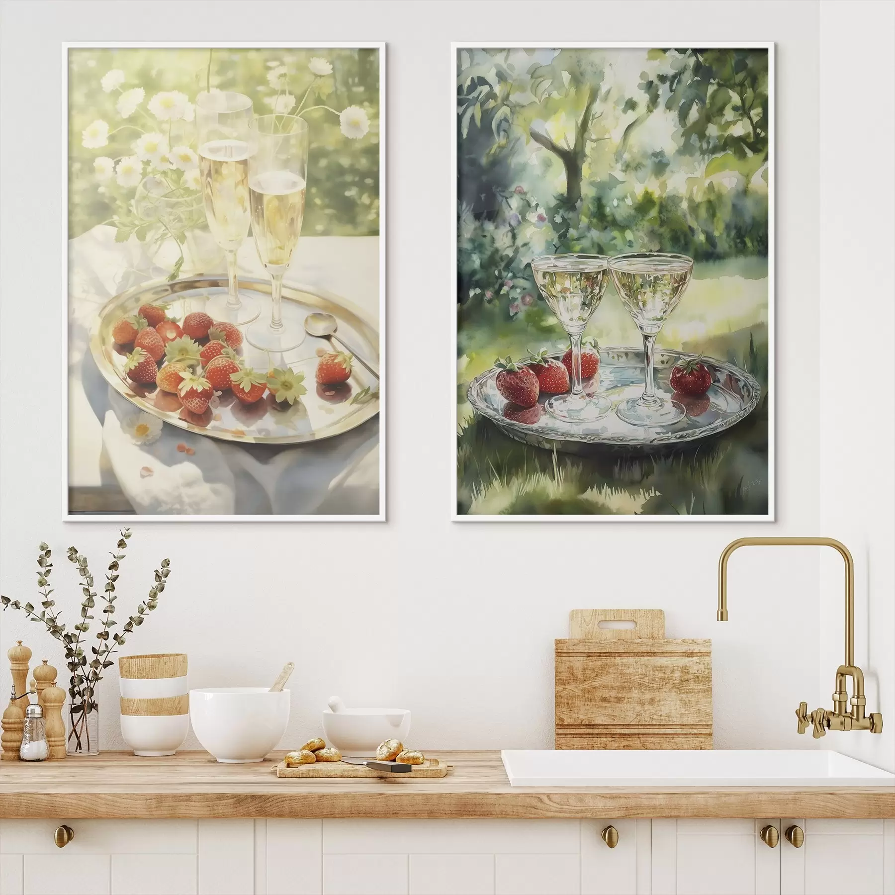 Fototapetes Vasaras pikniks, šampanieša glāzes ar zemenēm uz paplātes, kumelīšu ziedi d00414