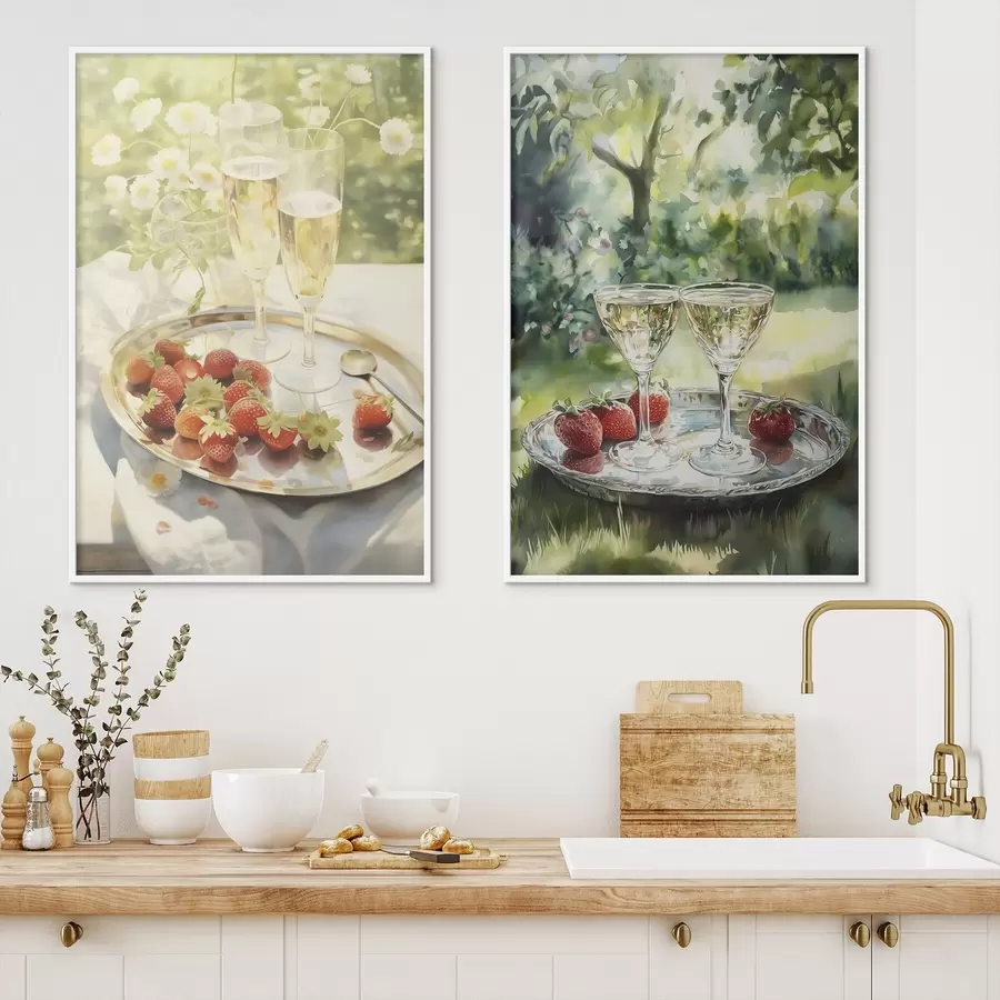 Fototapetes Vasaras pikniks, šampanieša glāzes ar zemenēm uz paplātes, kumelīšu ziedi d00414