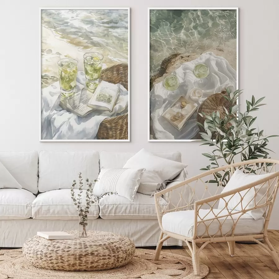 Fototapetes Kokteiļi pludmalē, akvareļa stila zīmējums, okeāns, vasaras pikniks d00417