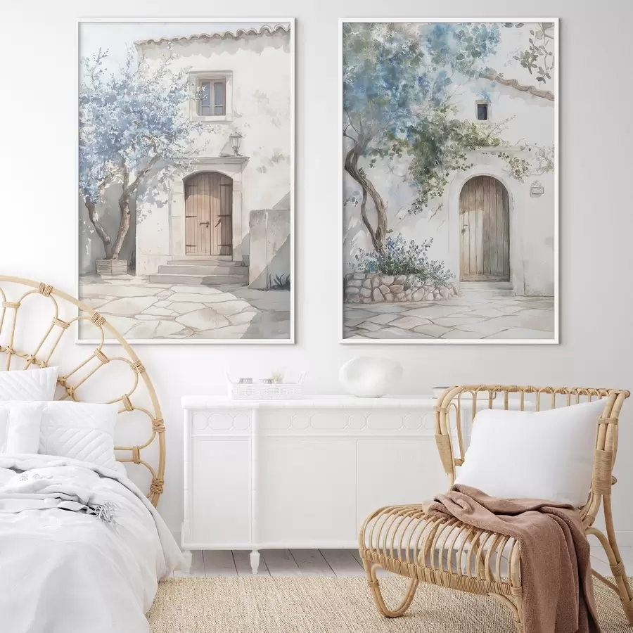 Fototapetes Grieķu baltās mājas ar ziedošiem kokiem, Vidusjūras, akvareļu stila zīmējums d00419