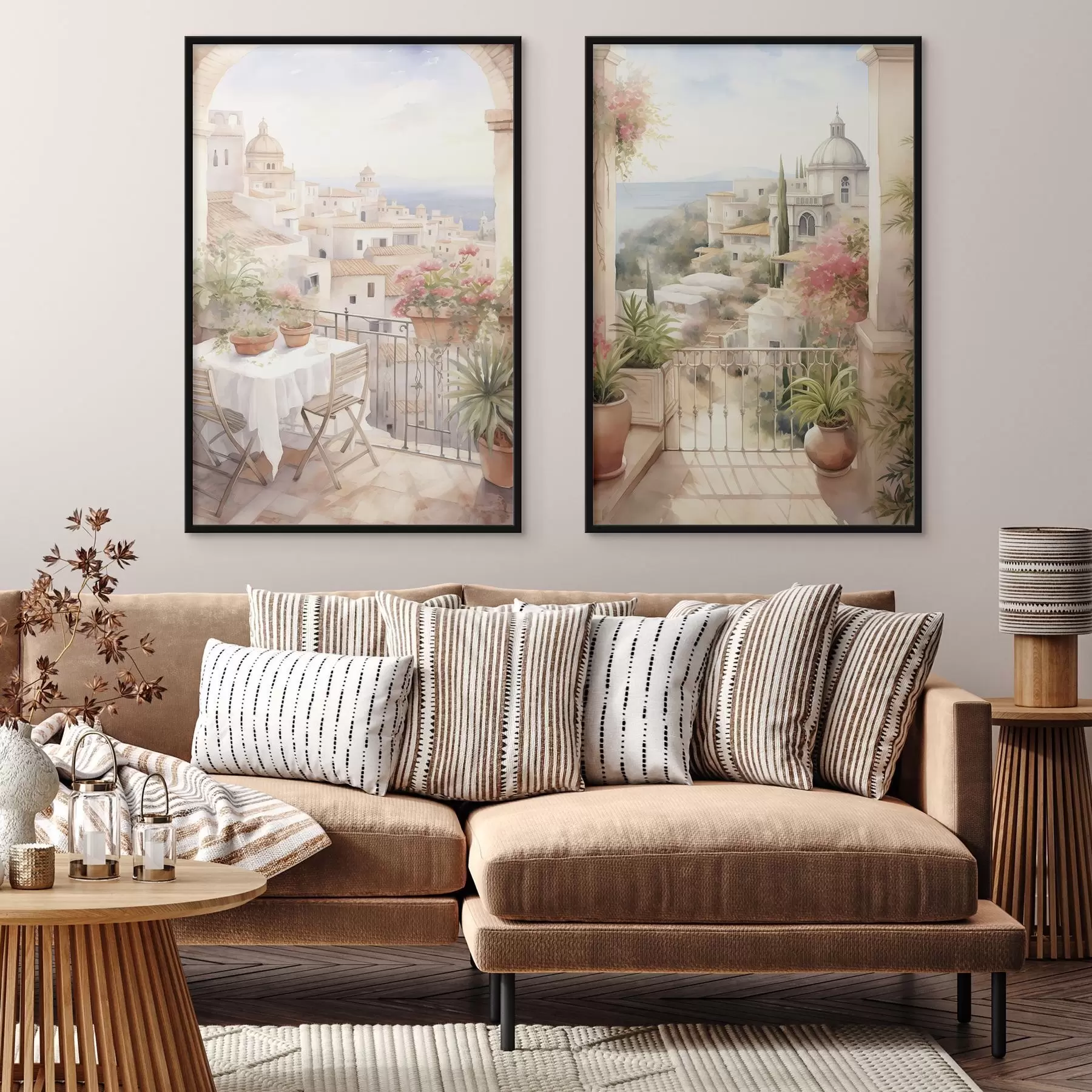 Fototapetes Saulriets uz balkona, arhitektūra, ziedošas puķes, akvareļu stils, Vidusjūras reģiona valstis d00420