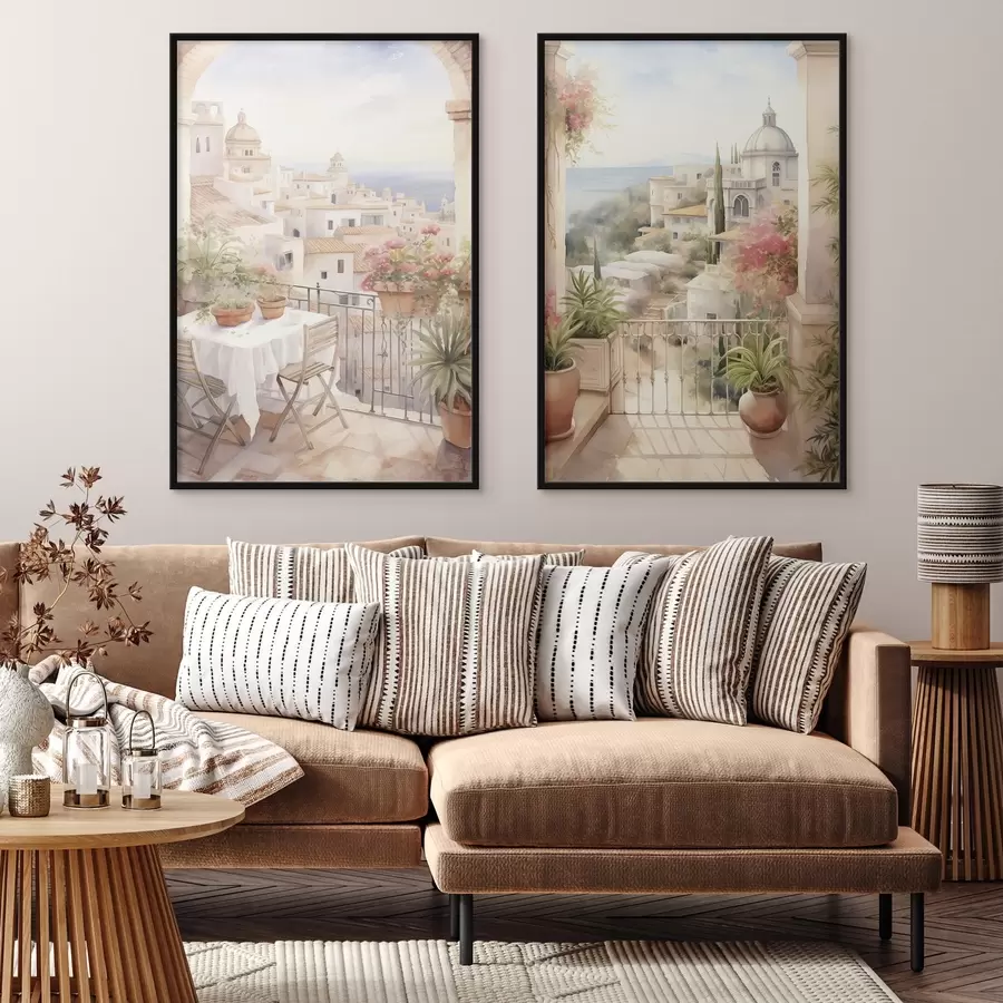 Fototapetes Saulriets uz balkona, arhitektūra, ziedošas puķes, akvareļu stils, Vidusjūras reģiona valstis d00420