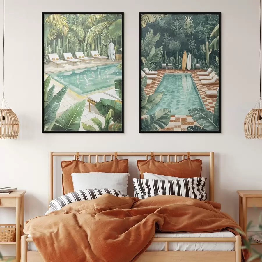 Fototapetes Vasaras baseins, vintage, tropu mežs, zaļumi, palmas, akvareļu stils d00422