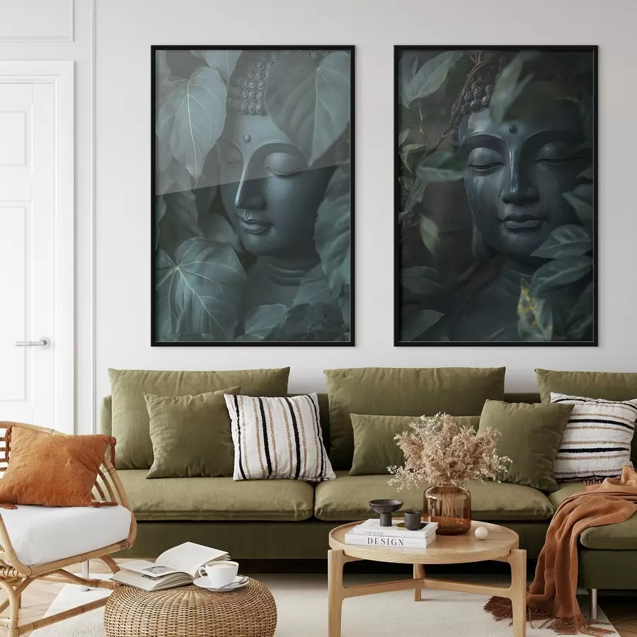 Fototapetes Meditatīvs Buda zaļajās lapās, budisms, tropu, reālisms d00447