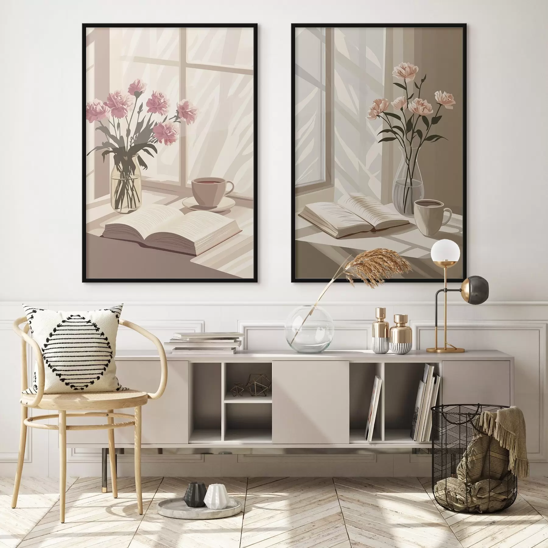 Fototapetes Abstrakcija, rīta estētika, kafijas tasīte, grāmata, ziedi d00448