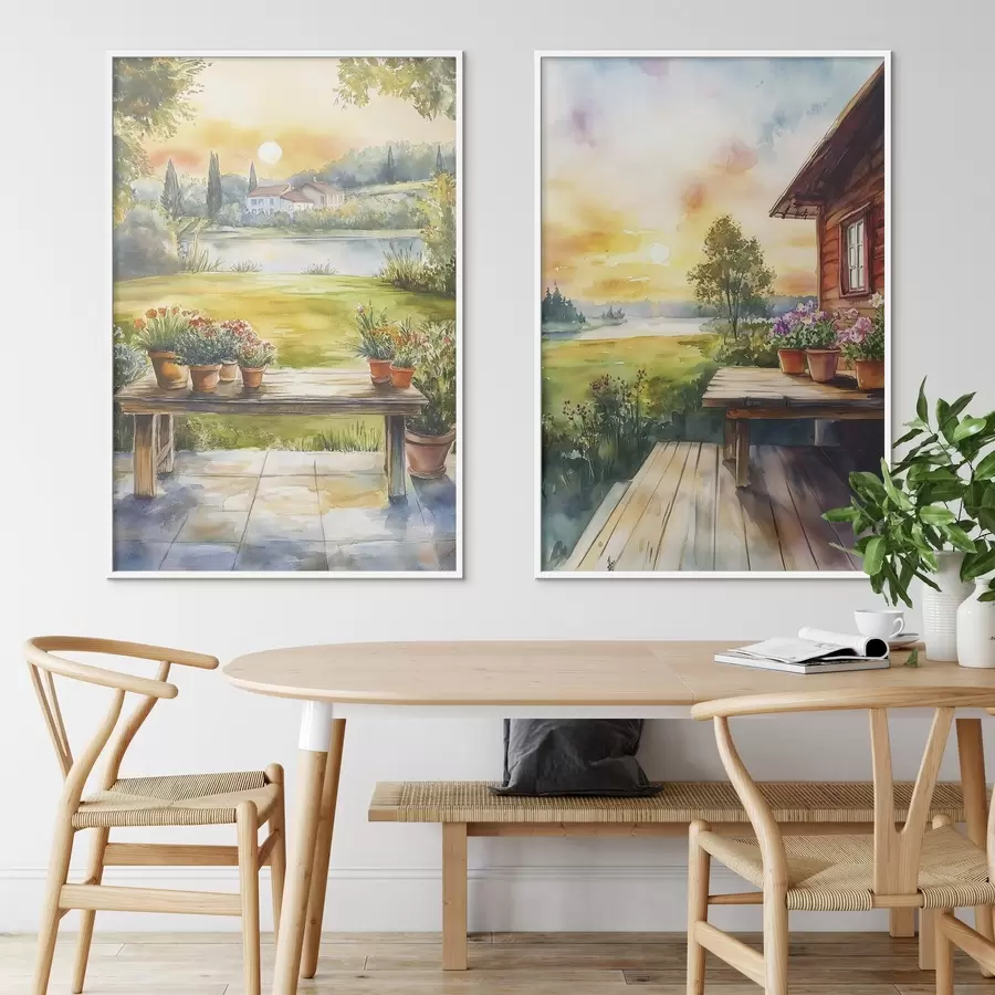 Fototapetes Vasaras ciems, saulriets, lauku, ziedi, ezers, akvareļu stilā d00449