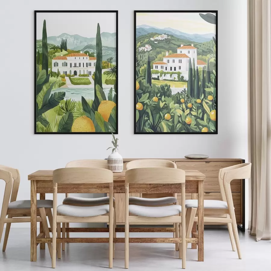 Fototapetes Vidusjūras ainavas ar kokiem un mājām, jūras piekraste, Spānija d00450