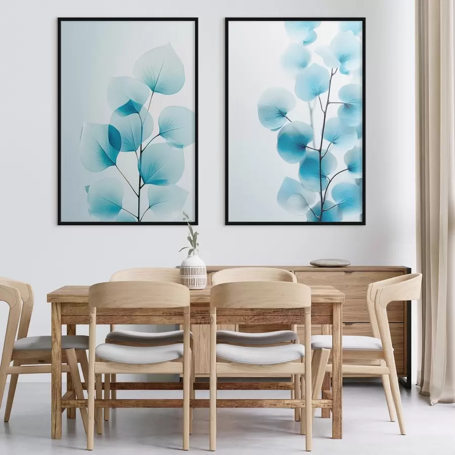 Fototapetes Zariņš ar caurspīdīgām zilām lapām, redzamas maigas dzīslas, viegla un mierīga kompozīcija, minimālisma estētika d00522