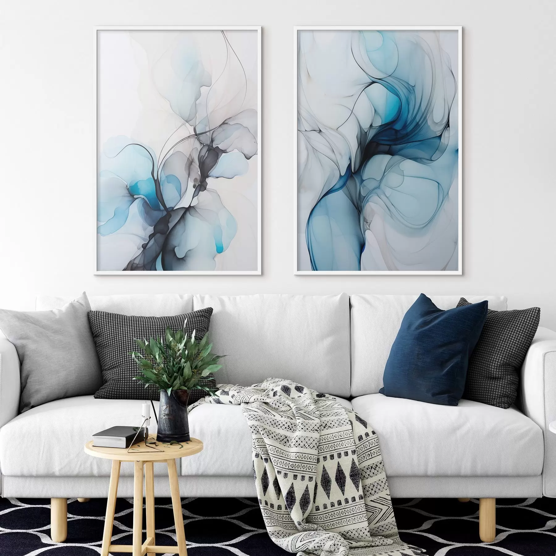 Fototapetes Abstrakta kompozīcija ar plūstošām līnijām un caurspīdīgām ziedlapiņām zilganbaltos un bēšos toņos, alkohola tintes imitācija d00523