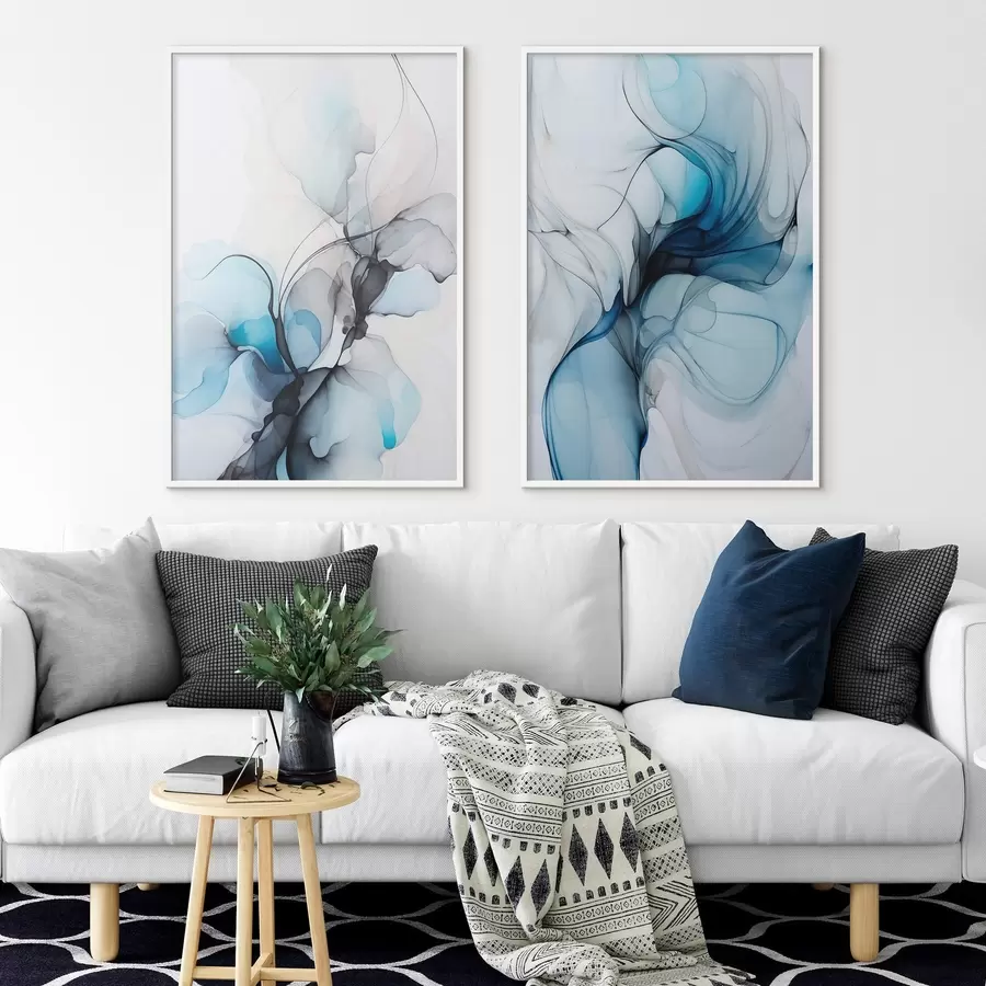 Fototapetes Abstrakta kompozīcija ar plūstošām līnijām un caurspīdīgām ziedlapiņām zilganbaltos un bēšos toņos, alkohola tintes imitācija d00523